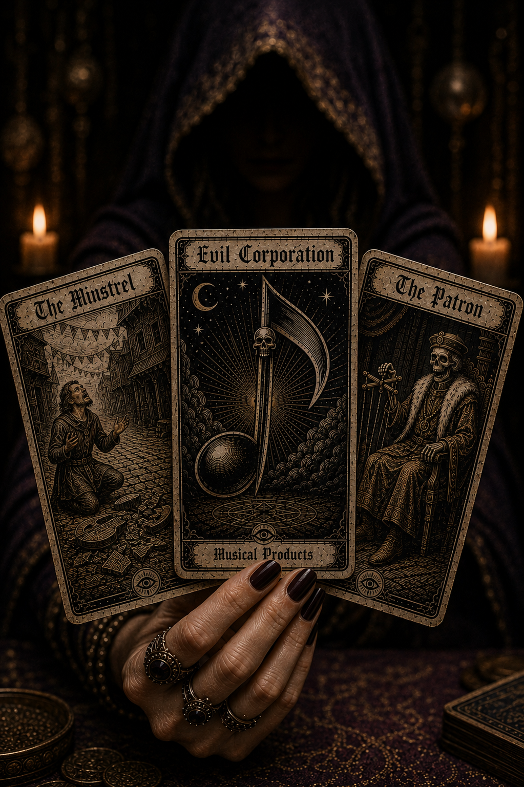 Evil Corporation tarot cards featuring The Minstrel, Evil Corporation, and The Patron with mystical imagery
